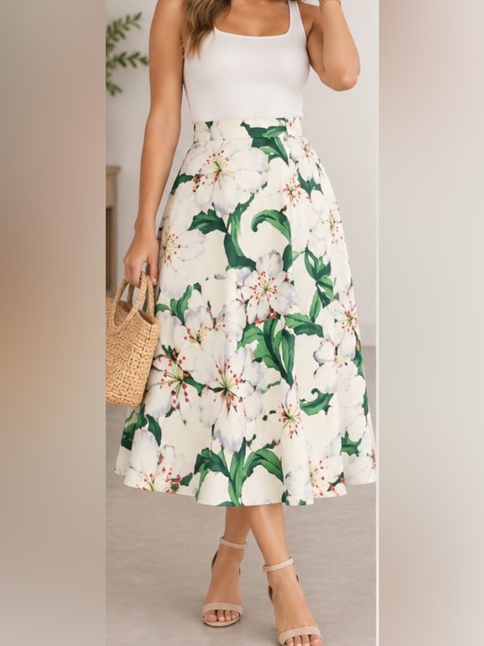 Chicwish White Floral Midi Skirt with Green Leaves